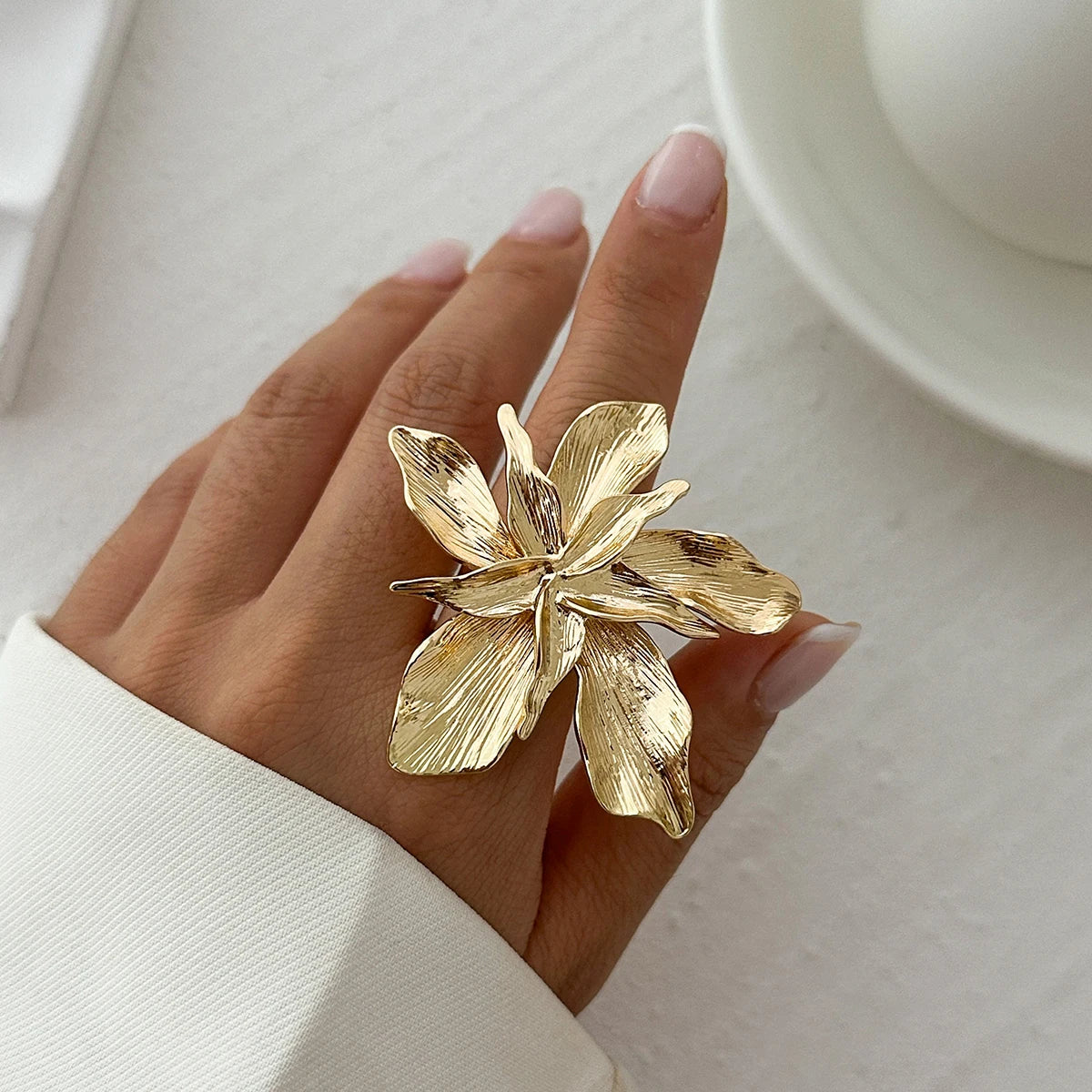 Salircon Double Layered Metal Flower Ring for Women