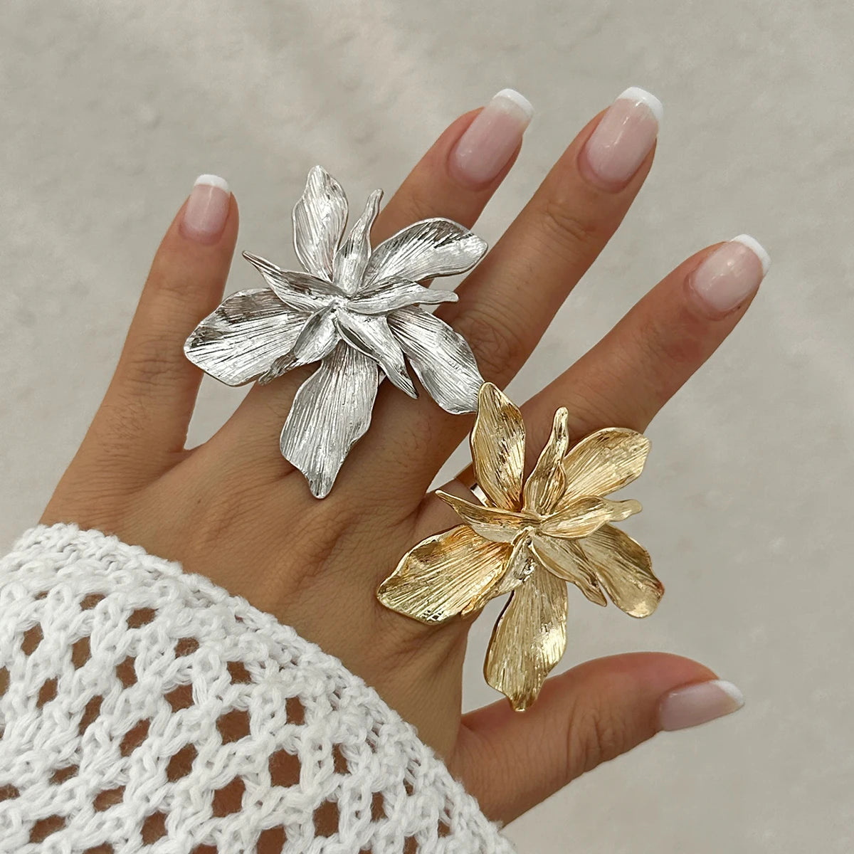 Salircon Double Layered Metal Flower Ring for Women