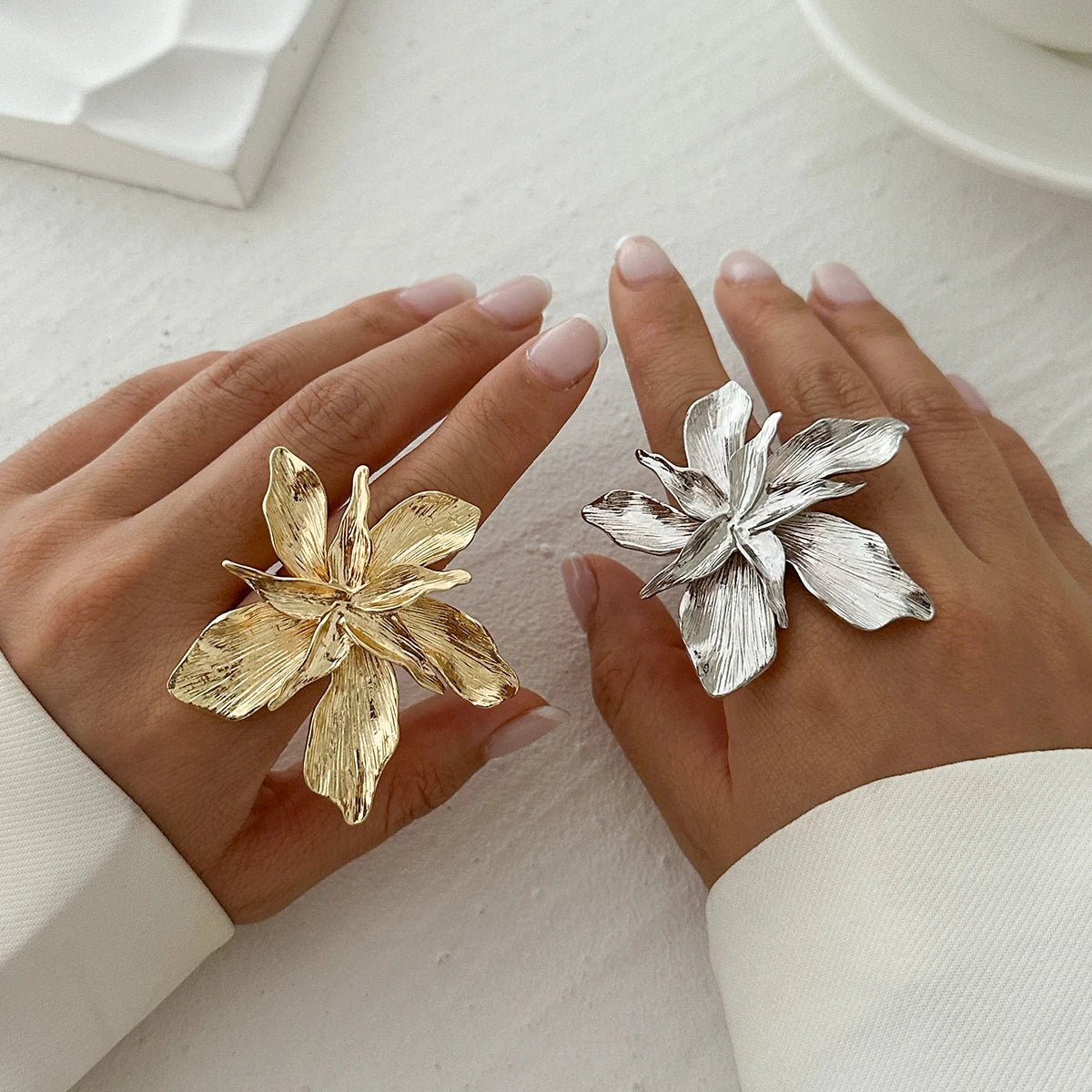 Salircon Double Layered Metal Flower Ring for Women