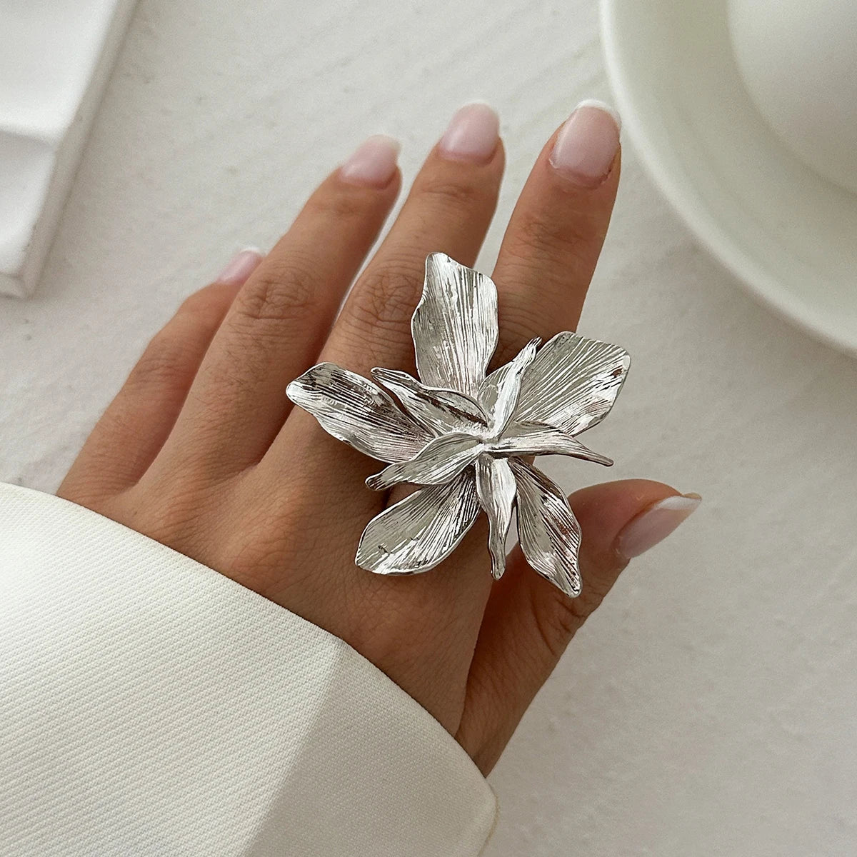 Salircon Double Layered Metal Flower Ring for Women