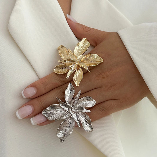 Salircon Double Layered Metal Flower Ring for Women