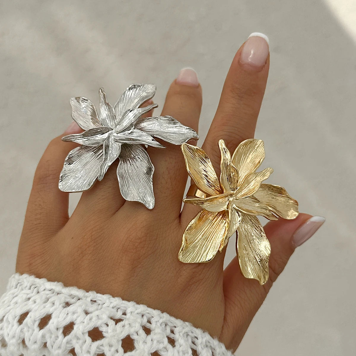 Salircon Double Layered Metal Flower Ring for Women